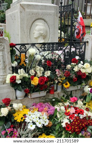 PARIS, FRANCE - NOVEMBER 07, 2012: Tomb of Frederic Chopin, famous Polish composer, at Pere Lachaise cemetery in Paris, France, on November 07, 2012.