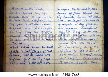 SKOPJE, MACEDONIA - MAY 17: Hand written prayer book of Mother Teresa, written in 1949 and used daily by Mother Teresa until the \'70s, Memorial House in Skopje, Macedonia on May 17, 2013
