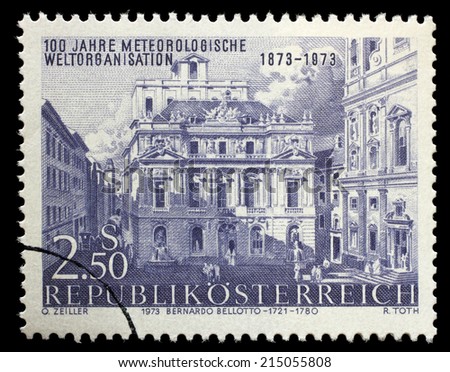 AUSTRIA - CIRCA 1973: a stamp printed in the Austria shows Academy of Science, by Canaletto, Vienna, Centenary of International Meteorological Cooperation, circa 1973