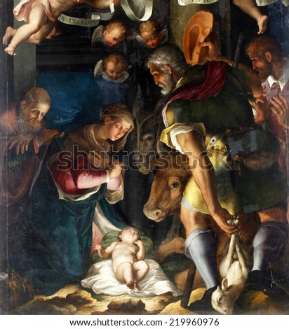 ZAGREB, CROATIA - DECEMBER 12: Unknown artist: Nativity, Adoration of the shepherds, exhibited at the Great Masters renesnse in Croatia, opened December 12, 2011. in Zagreb, Croatia
