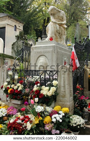 PARIS, FRANCE - NOVEMBER 07, 2012: Tomb of Frederic Chopin, famous Polish composer, at Pere Lachaise cemetery in Paris, France, on November 07, 2012