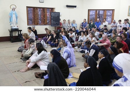 KOLKATA, INDIA - FEBRUARY 15: Sisters of Mother Teresa\'s Missionaries of Charity and volunteers from around the world at the Mass in the chapel of the Mother House, Kolkata, India at February 15,2014.