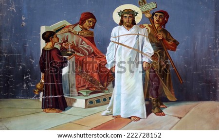 TRAVNIK, BOSNIA AND HERZEGOVINA - JUNE 11: 1st Stations of the Cross, Jesus is condemned to death, Church of St. Aloysius in in Travnik, Bosnia and Herzegovina on June 11, 2014.