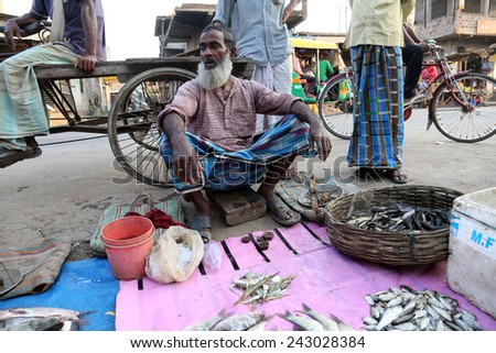 KUMROKHALI, INDIA - FEBRUARY 13: Unidentified man sells fish at fish market in Kumrokhali, West Bengal, India on February 13, 2014. Seafood is one of the main part of ration for local people.