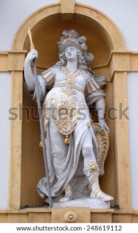 GRAZ, AUSTRIA - JANUARY 10, 2015: Minerva, Roman goddess of wisdom and sponsor of arts, trade, and strategy, Arsenal (Zeughaus) historic center listed as World Heritage by UNESCO in Graz