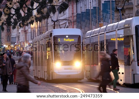 GRAZ, AUSTRIA - JANUARY 10, 2015: Tramway in the downtown in Graz, Austria. Graz is the capital of federal state of Styria and the second largest city in Austria on January 10, 2015.