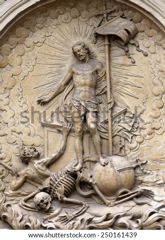 VIENNA, AUSTRIA - OCTOBER 10: Resurrection of Christ, Architectural details from the external walls of St Stephen\'s Cathedral in Vienna, Austria on October 10, 2014.