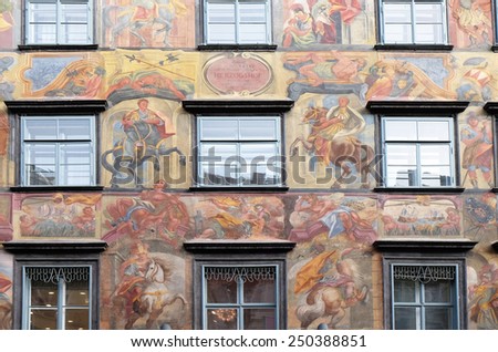 GRAZ, AUSTRIA - JANUARY 10, 2015: Baroque facade painting at the Grazer Herrengasse in Graz in Austria on January 10, 2015.