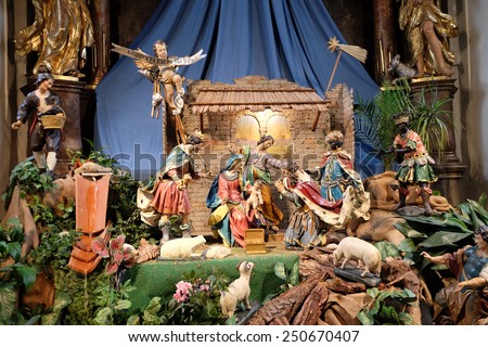 GRAZ, AUSTRIA - JANUARY 10, 2015: Nativity scene, creche, or crib, birth of Jesus in Mariahilf church in Graz, Styria, Austria on January 10, 2015.