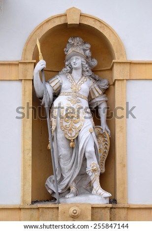 GRAZ, AUSTRIA - JANUARY 10, 2015: Minerva, Roman goddess of wisdom and sponsor of arts, trade, and strategy, Arsenal (Zeughaus) historic center listed as World Heritage by UNESCO in Graz