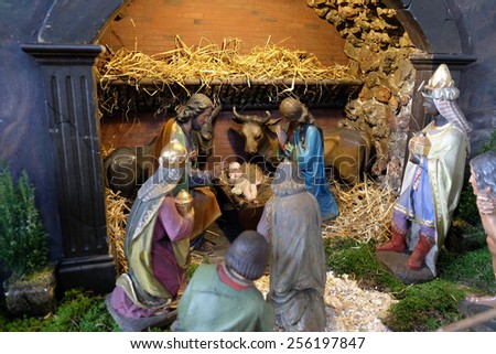 GRAZ, AUSTRIA - JANUARY 10, 2015: Nativity scene, creche, or crib, birth of Jesus in Barmherzigenkirche church in Graz, Styria, Austria on January 10, 2015.