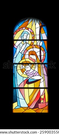 MEDUGORJE, BOSNIA AND HERZEGOVINA - FEBRUARY 19: Nativity Scene, stained glass church window in the parish church of St. James in Medugorje on February 19, 2011.