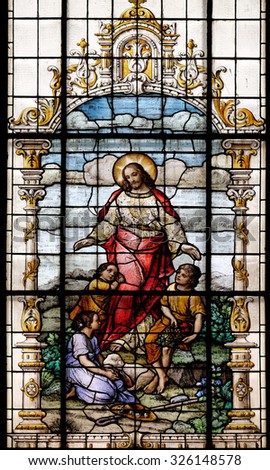 ZAGREB, CROATIA - MAY 28: Jesus friend of the children, stained glass window in the Basilica of the Sacred Heart of Jesus in Zagreb, Croatia on May 28, 2015