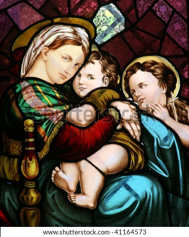 Stained glass depicting the Virgin Mary holding baby Jesus, Church of the Sacred Heart of Jesus, Zagreb, Croatia