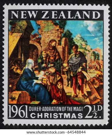 NEW ZEALAND - CIRCA 1961: A greeting Christmas stamp printed in New Zealand shows birth of Jesus Christ, adoration of the Magi, circa 1961