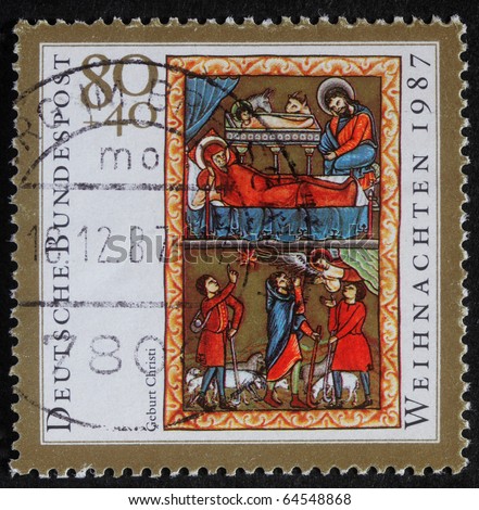 GERMANY - CIRCA 1987: A greeting Christmas stamp printed in the Germany shows birth of Jesus Christ, adoration of the Shepards, circa 1987