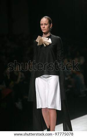 ZAGREB, CROATIA - MARCH 15: Fashion model wears clothes made by Matija Cop on \