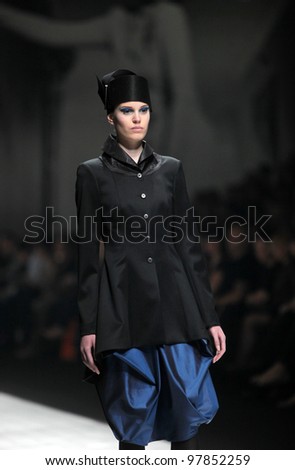 ZAGREB, CROATIA - MARCH 17: Fashion model wears clothes made by Branka Donassy on 