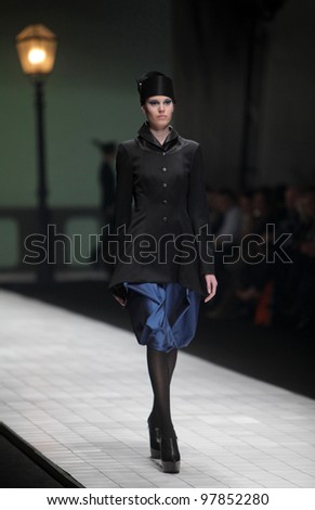 ZAGREB, CROATIA - MARCH 17: Fashion model wears clothes made by Branka Donassy on \