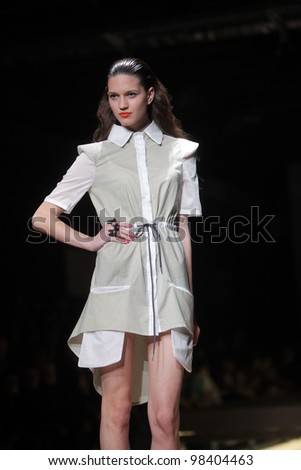 ZAGREB, CROATIA - MARCH 22: Fashion model wears clothes made by Jet Leg by Jasmina Arnautovic and Maja Virgej on \