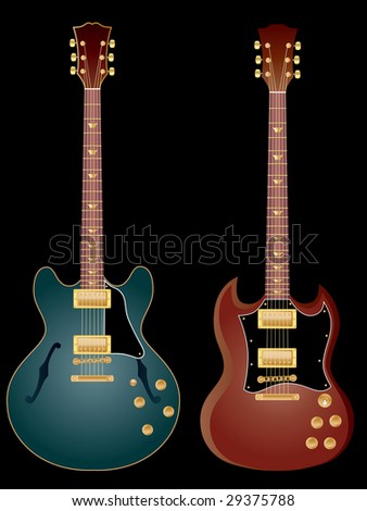 Vector isolated image of electric guitars on black background.