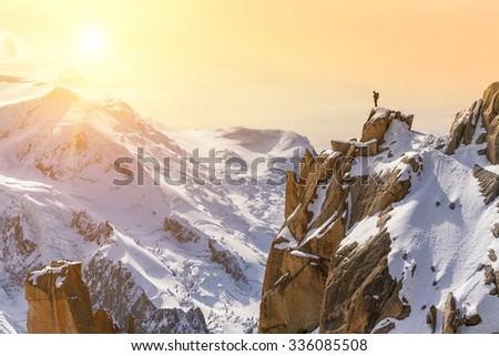 Aiguille du Midi, Mont Blanc, France, Beautiful Sunrise Over Mountain Landscape, Lone Male Mountain Climber