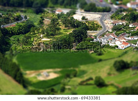 View of Furnas: a little village in the Azores with tilt shift lens effect