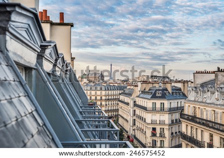 Paris roofs with Eiffel Tower in background, France