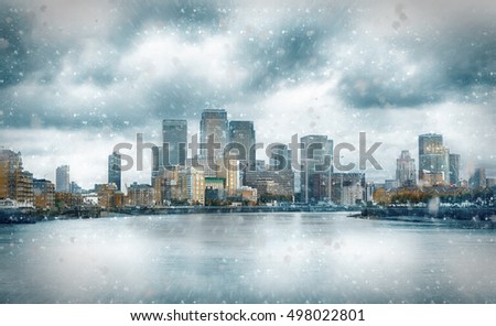 The financial district Canary Wharf in London during a snow blizzard