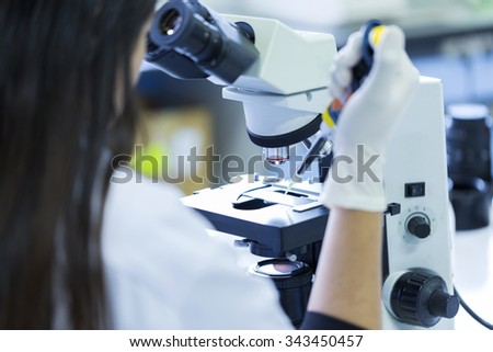 Rear view of Scientist holding pipette working a microscope at the laboratory