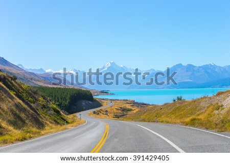 Mount cook viewpoint with the lake pukaki and the road leading to mount cook village in New Zealand.