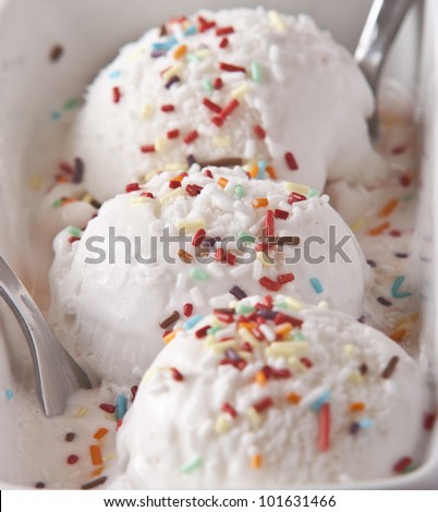 scoops of vanilla ice cream in bowl with sprinkles