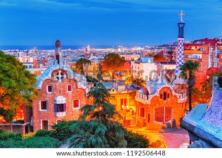Barcelona, Spain. Amazing colorful night cityscape of Barcelona, view on Park Guell. UNESCO world heritage list site, popular European travel destination.