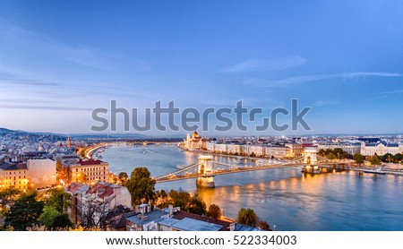 Budapest dusk scene of downtown with Danube river delta. Budapest is the capital of European country Hungary and very popular travel destination for romantic trip.