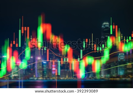 Stock market chart, Stock market data in blue on LED display concept with city scape hong kong blur background