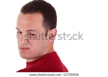 man to turn around, looking with contempt, isolated on white background. Studio shot.