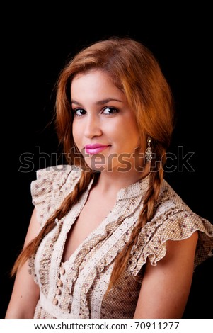 Young pretty women with braids,smiling,  isolated on black, studio shot