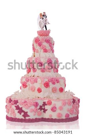 stock photo beautiful wedding cake with pink roses isolated on white 
