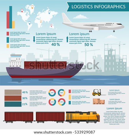 Logistics infographic elements and transportation concept vector web banners of train, cargo ship, Air cargo trucking Freight Storage export of goods