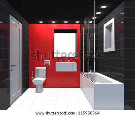Modern luxury bathroom red black white interior. No brandnames or copyright objects.