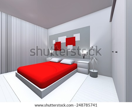 3D rendering. Grey-red bedroom