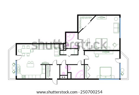 draft plan of the three-room apartment, 120m with furniture
