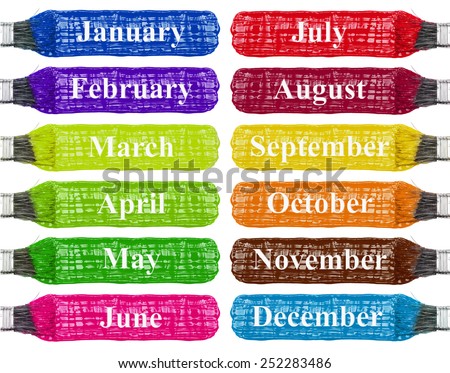 Colored brush strokes, calendar, rainbow isolated on white, Month: January February March April May June July August September October November December