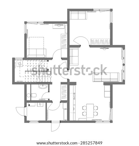 The draft plan of arrangement of all furniture, architect plan, black-and-white,  for two-storeyed house, ground floor