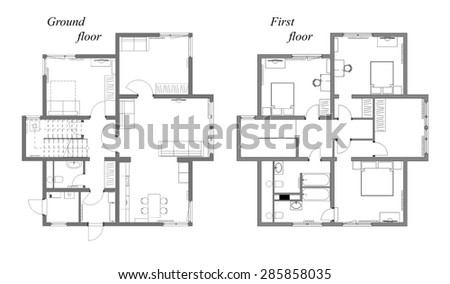 The draft plan of arrangement of all furniture, architect plan, black-and-white,  for two-storeyed house, ground and first floor