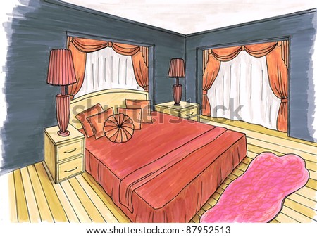 Graphical sketch of an interior bedroom, design markers