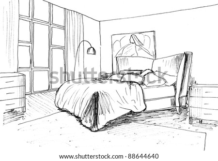 Bedroom on Graphical Sketch Of An Interior Bedroom  Liner Stock Photo 88644640