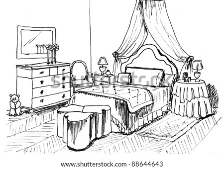 Graphical Sketch Of An Interior Child Bedroom, Liner Stock Photo ...
