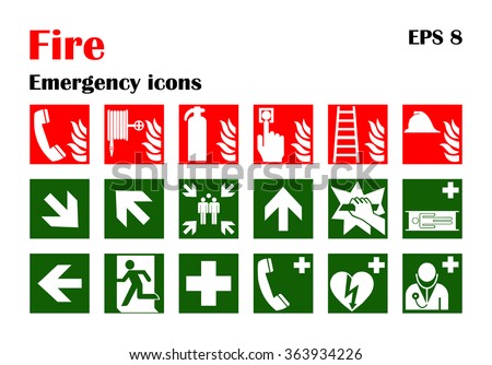 Vector fire emergency icons. Signs of evacuations. Set of firefighter warning evacuation emergency signs. It can be used for evacuation plans. Emergency symbol.