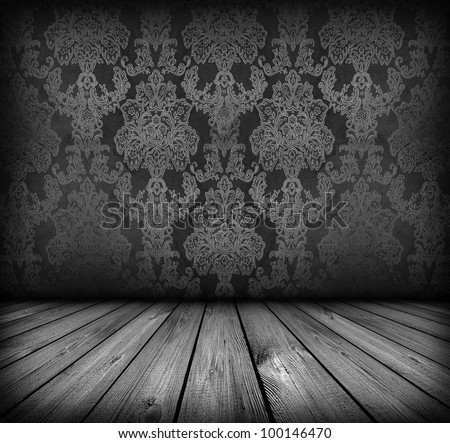 dark vintage black and white room with wooden floor and artistic shadows added